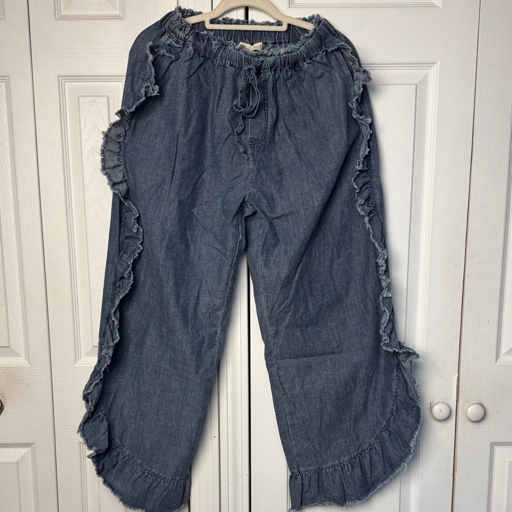 Sage & Fig Chambray Wide Leg Pants Ruffle Trim Boho Drawstring Size S, M, L NWT - Picture 8 of 10